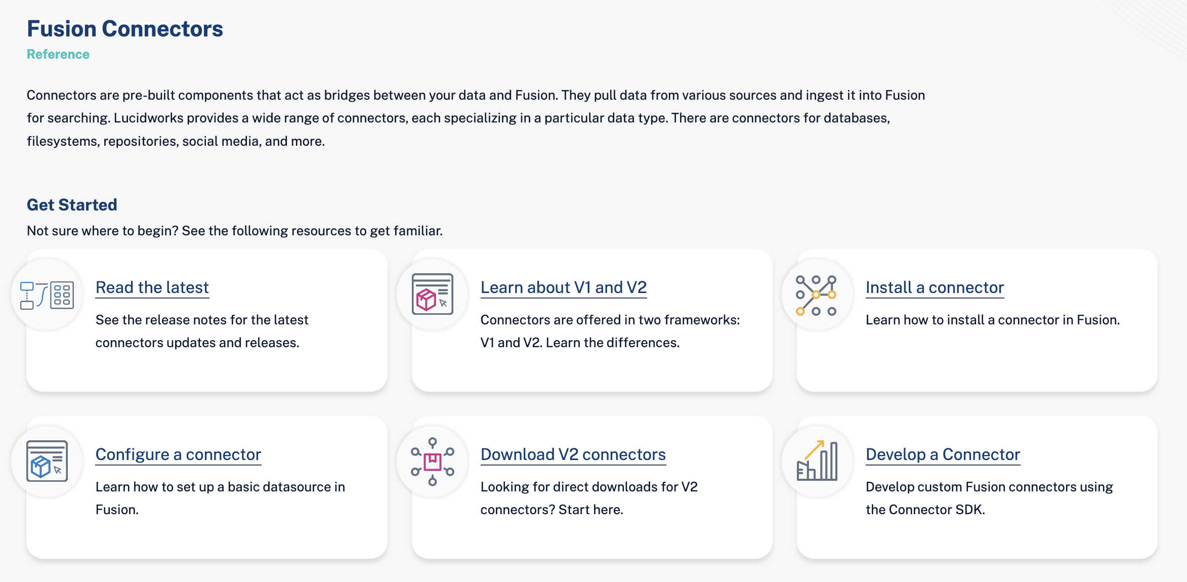 Lucidworks Fusion Connectors page showcasing resources to learn about, install, configure, and develop connectors